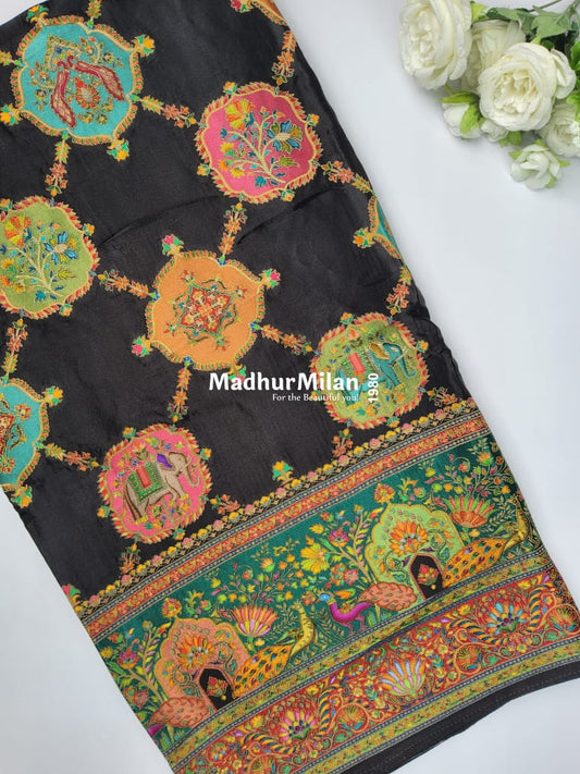 PASHMINA SATIN BROCADE SAREE BLACK