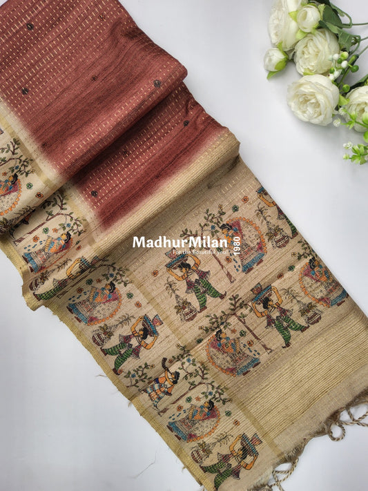 PIN STRIPES DIGITAL SEMI TUSSER SAREE RUST