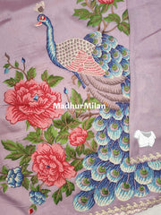 PEACOCK EMBROIDEY WORK TISSUE ORGANZA SAREE DUSTY LAVENDER