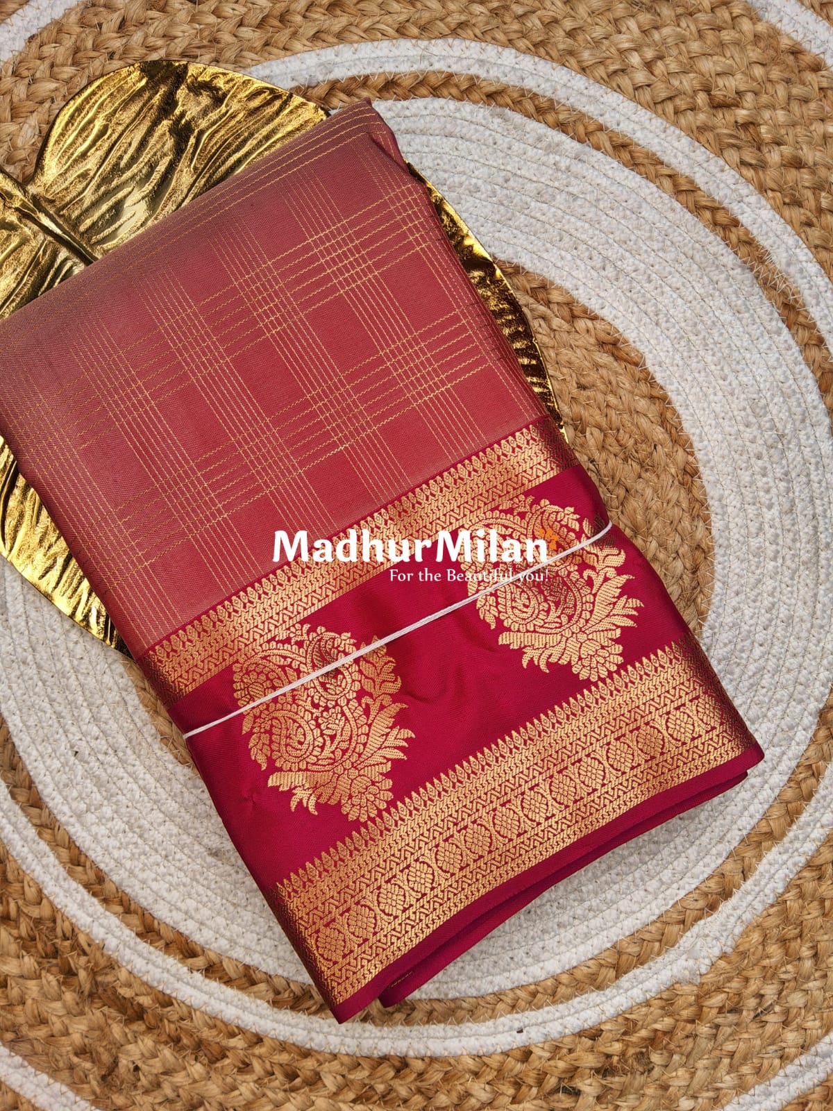 BENTEX BIT BUTTA 6 LINE CHECKS BORDER SAREE ONION PINK