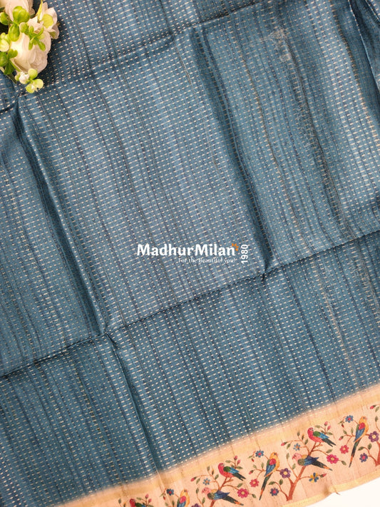 PIN STRIPES DIGITAL SEMI TUSSER SAREE RAMA