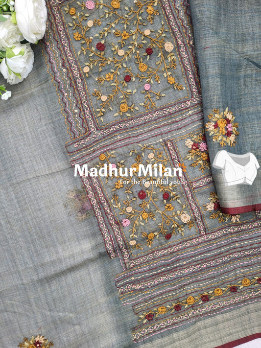 LENIN TISSUE EMBROIDERY WORK SAREE DUSTY GREY