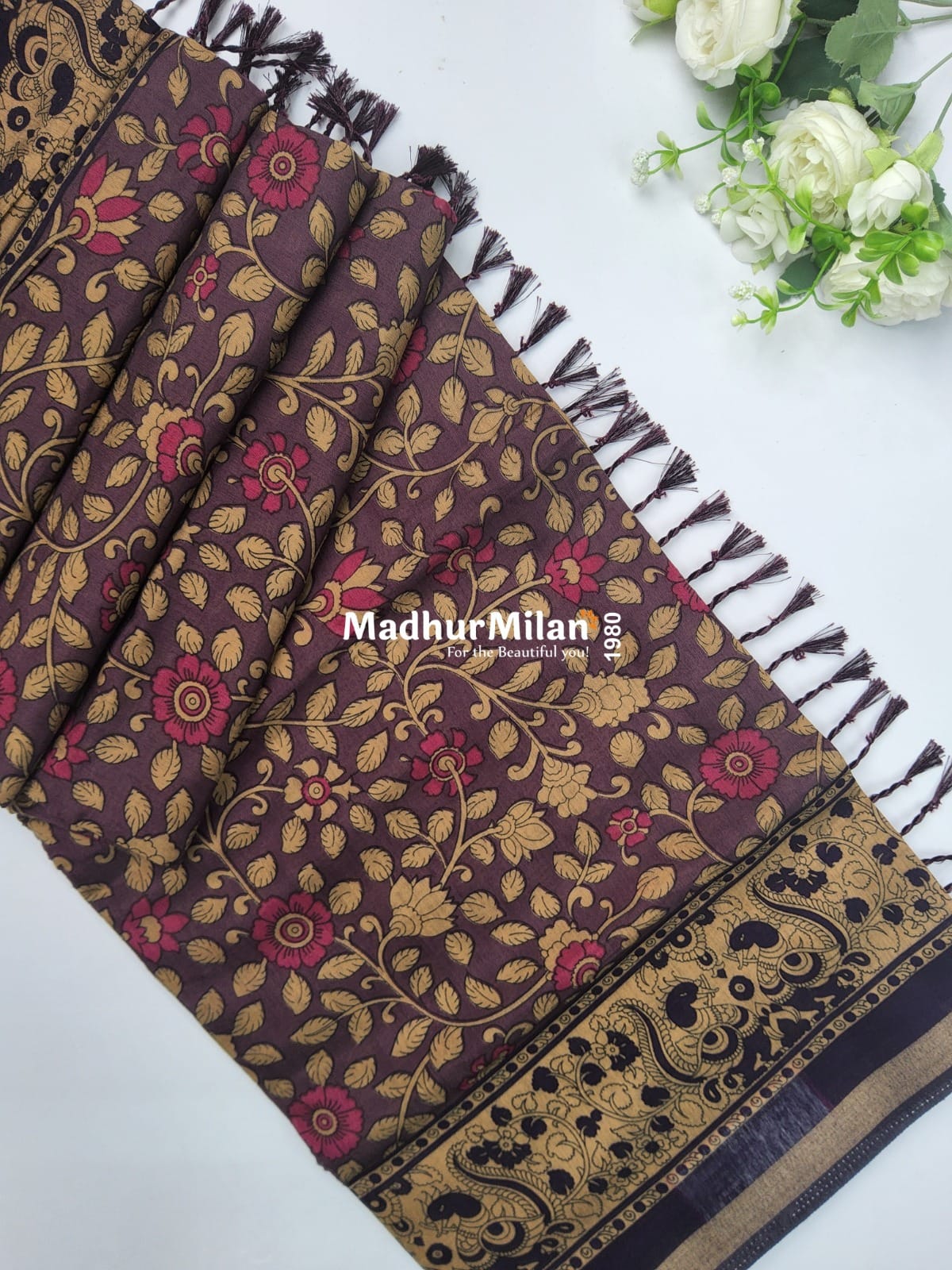 KALAMKARI PRINT KAJU SILK SAREE DUSTY PURPLE