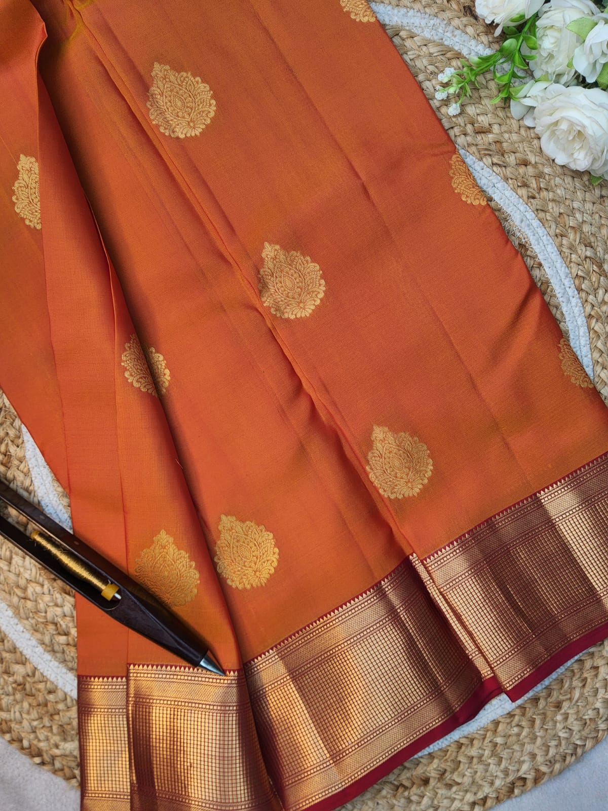 KANCHI BUTTA BORDER SAREE ORANGE RED
