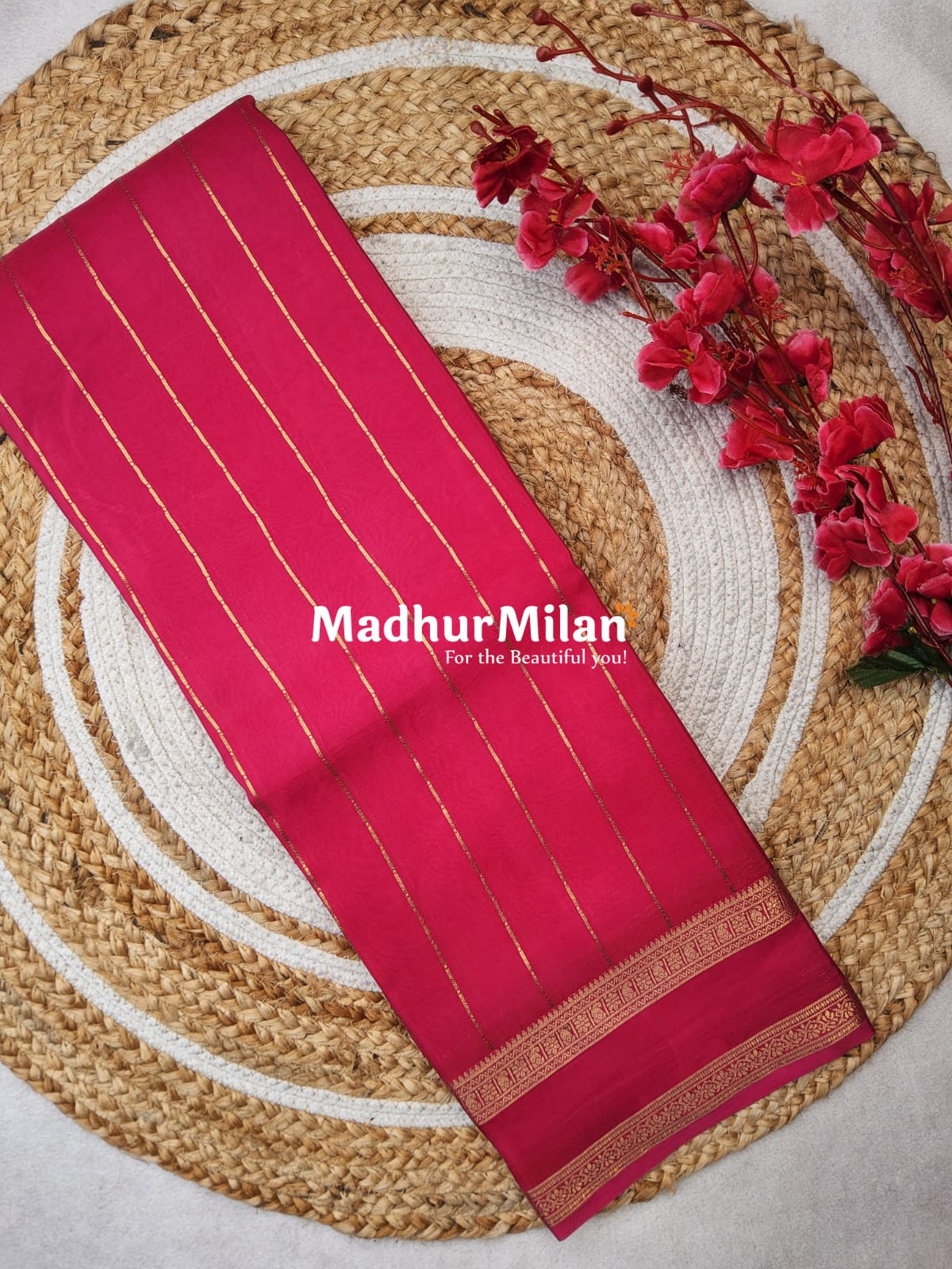 MAYRA BANARASI CREPE BENTEX BORDER GOLD JARI SAREE ROSE PINK
